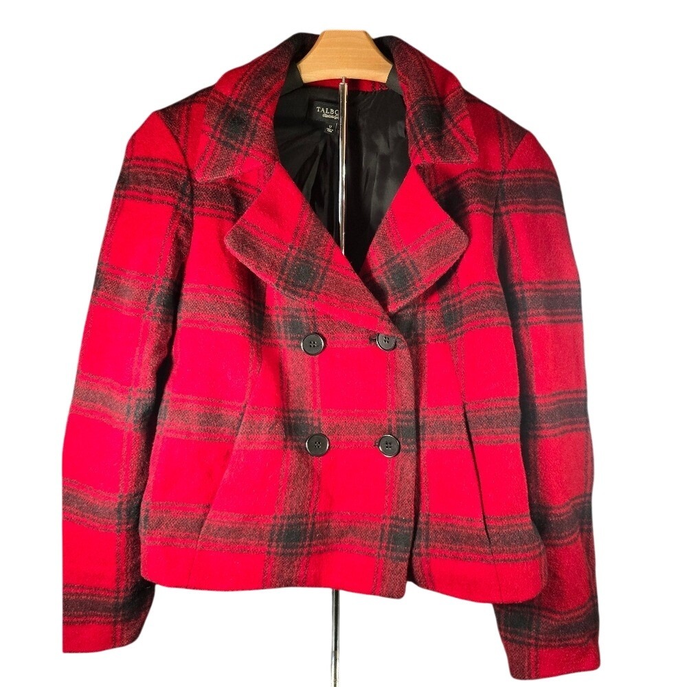 Talbots Womens Red Black Plaid Wool Alpaca Blend Double Breasted Pea Coat Sz 12